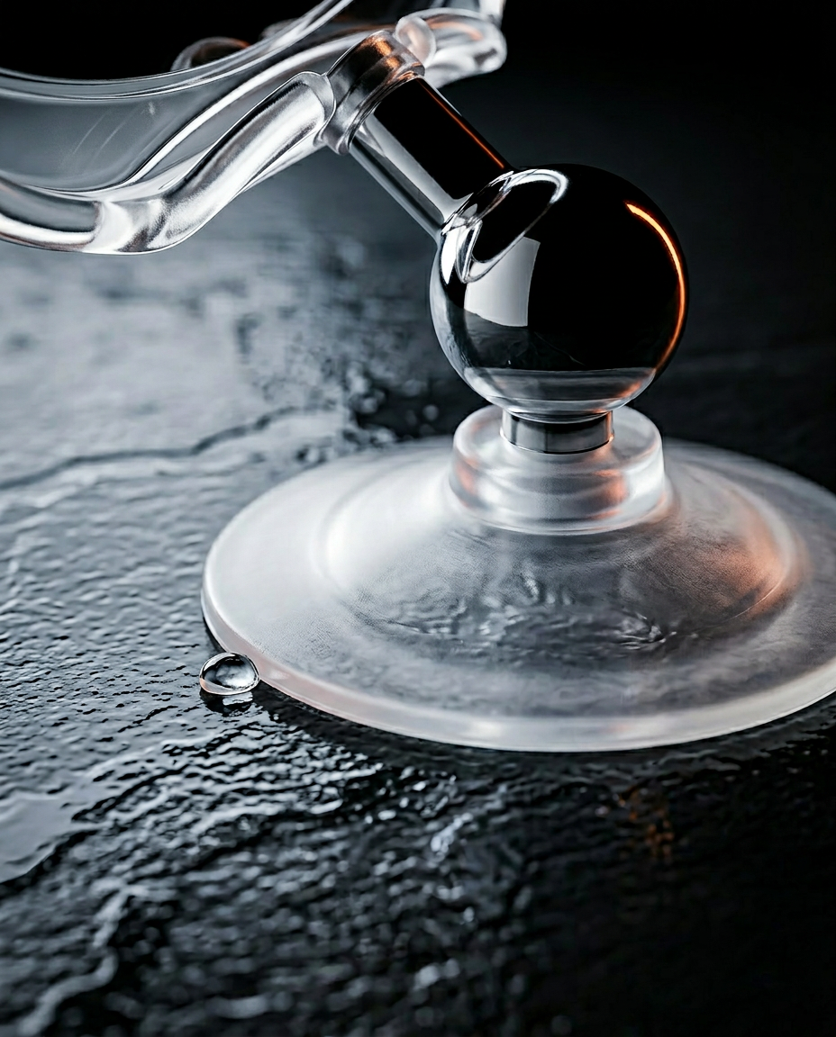 Macro of the shower mirror's clear suction-cup mount with ball joint on a wet surface