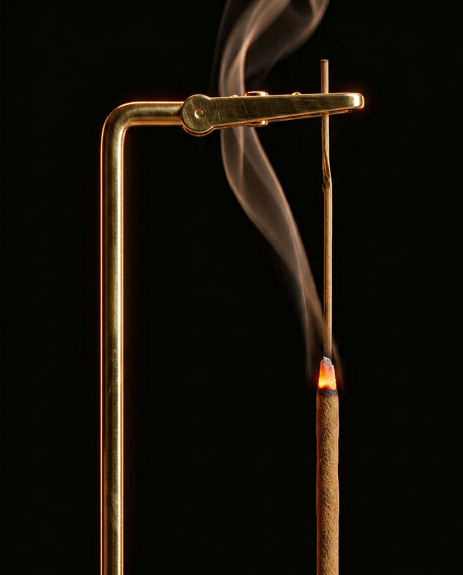 Macro of the brass suspended arm gripping a lit incense stick with rising smoke
