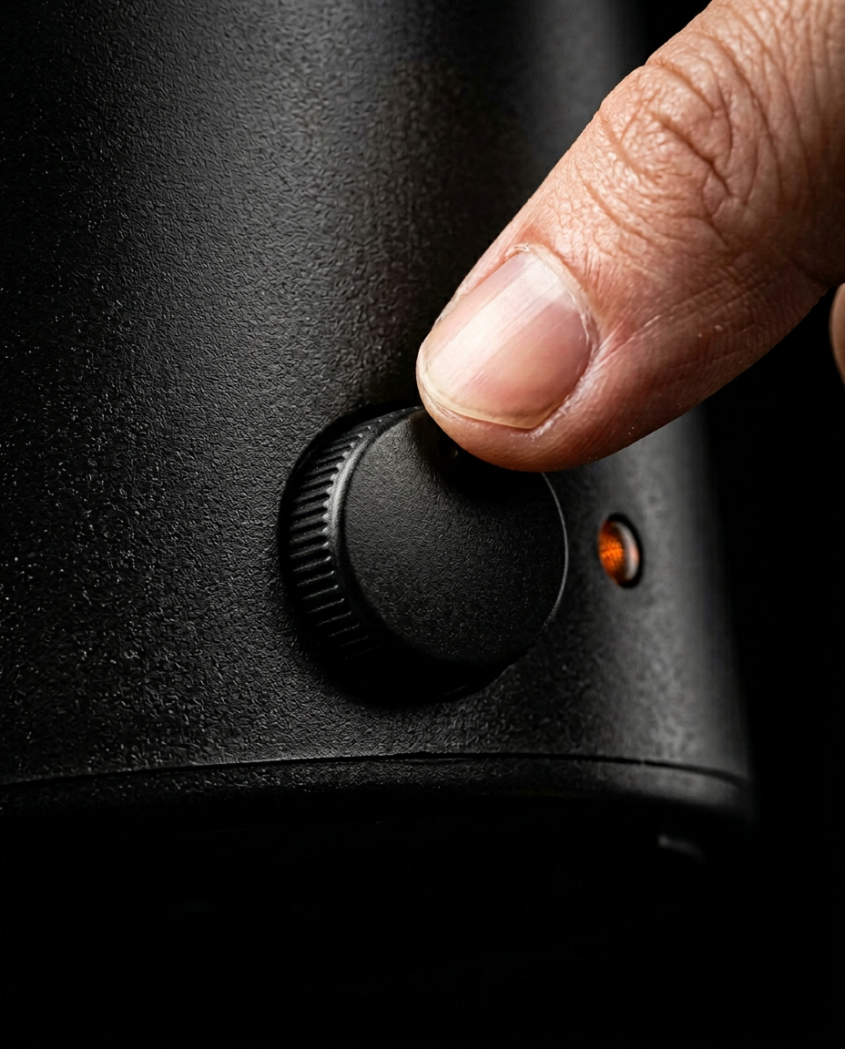 Fingertip turning the adjustable temperature dial on the black wax warmer