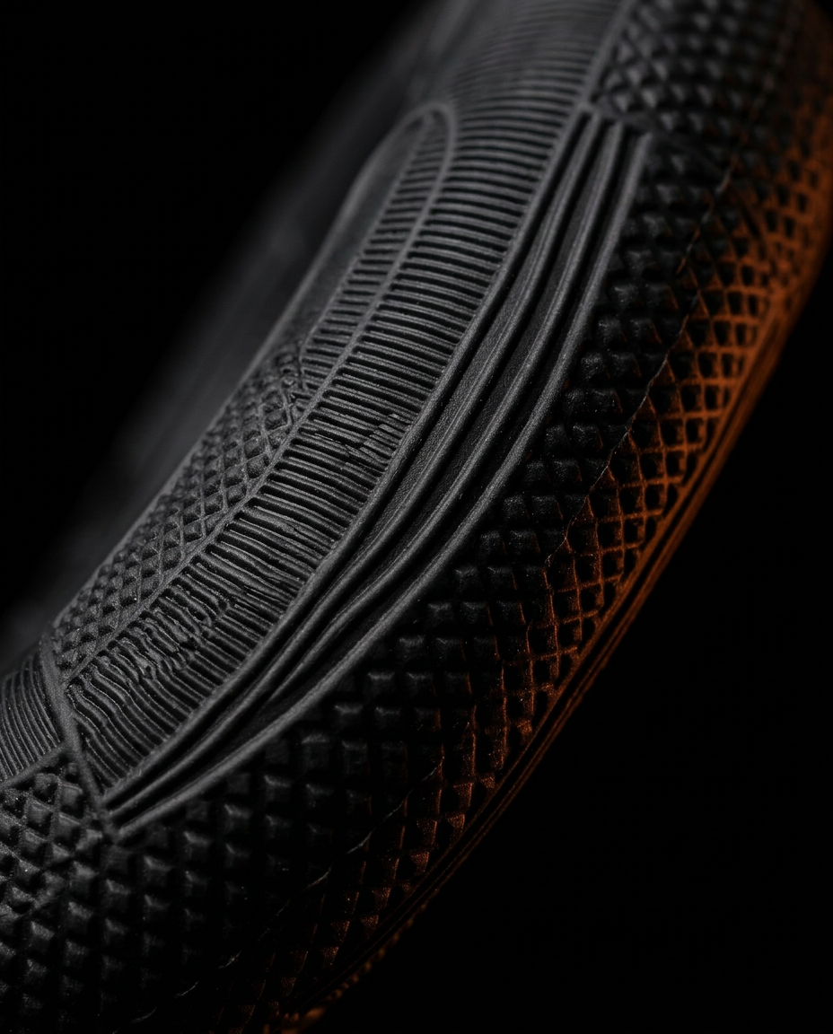 Macro of the knurled anti-slip texture on the black grip ring