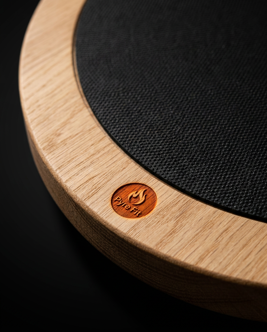 Macro of the textured non-slip top and wood rim with the Pyre Fit logo