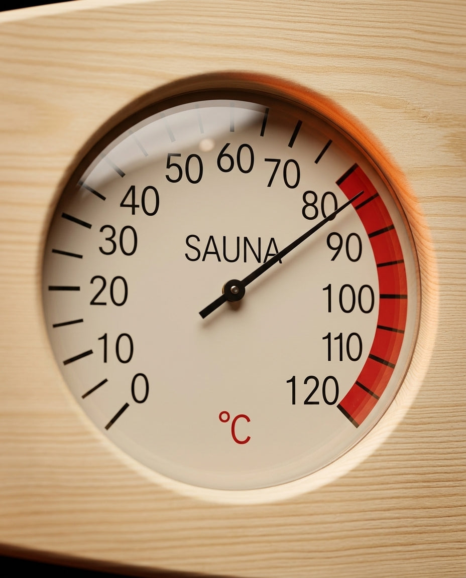 Macro of sauna thermometer dial with red comfort zone, 0-120 Celsius
