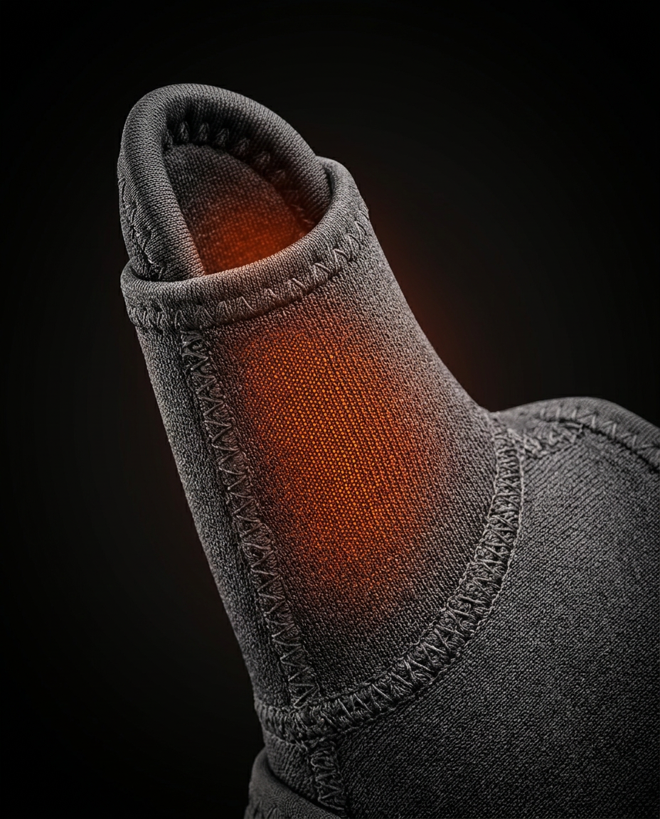 Macro of the heated finger wrap thumb sleeve glowing warm orange inside