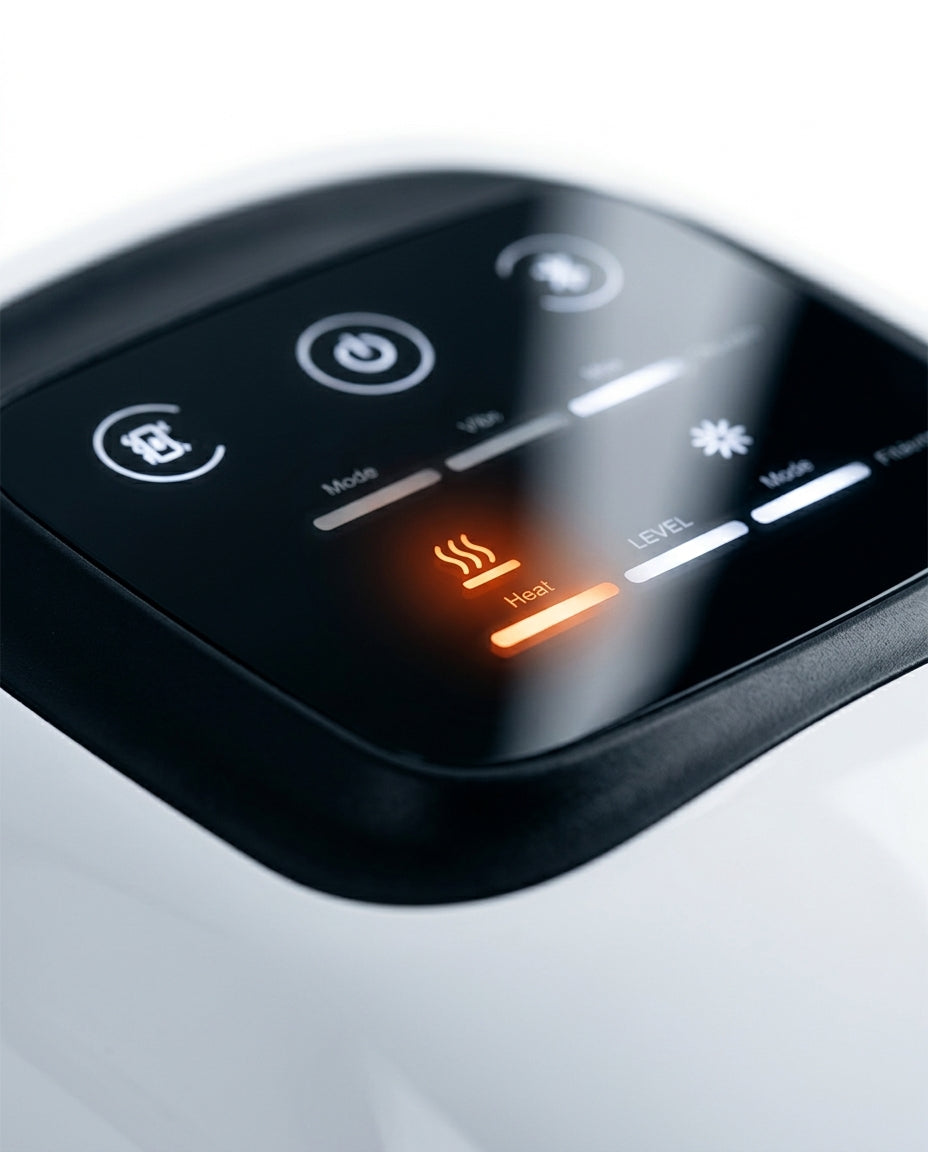 Macro of the knee massager touch panel with heat, mode and level controls