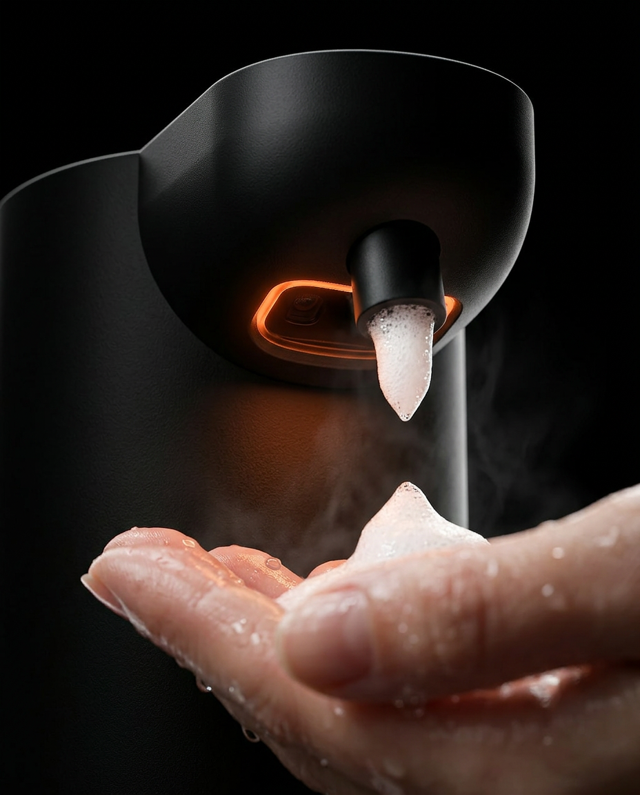 Macro of the touchless sensor nozzle dispensing soap foam onto a hand
