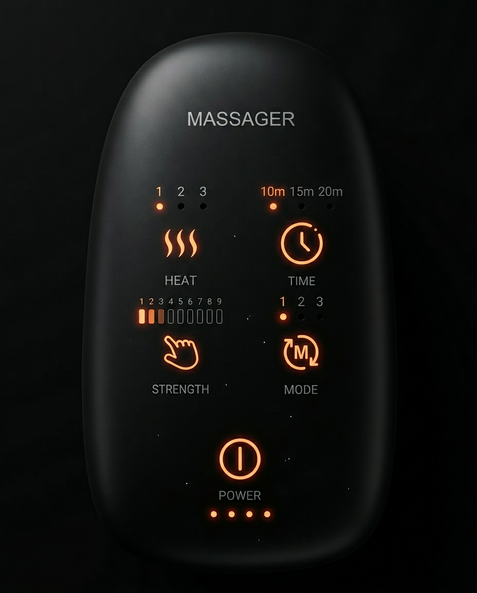 Macro of the hand massager's touchscreen with heat, time and mode controls