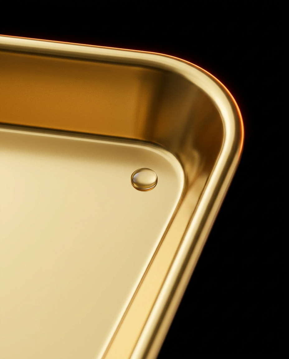 Macro of the raised lipped edge and rounded corner of the gold tray