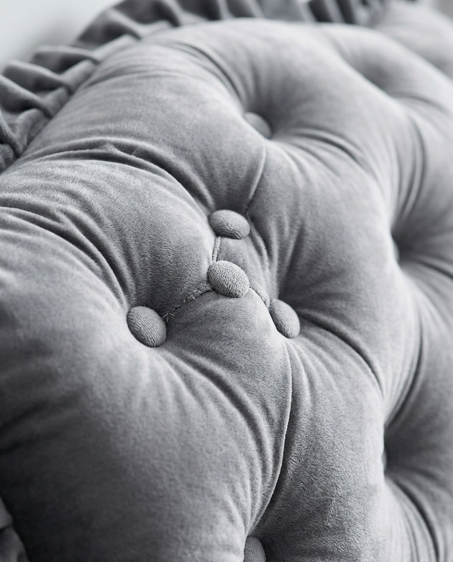 Macro of the button tufting on the grey velvet backrest cushion