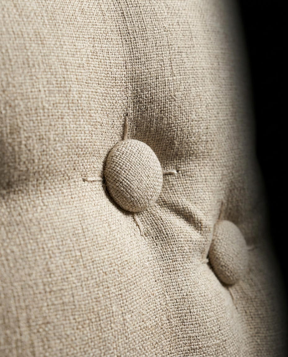 Macro of the tufted fabric buttons on the beige backrest cushion