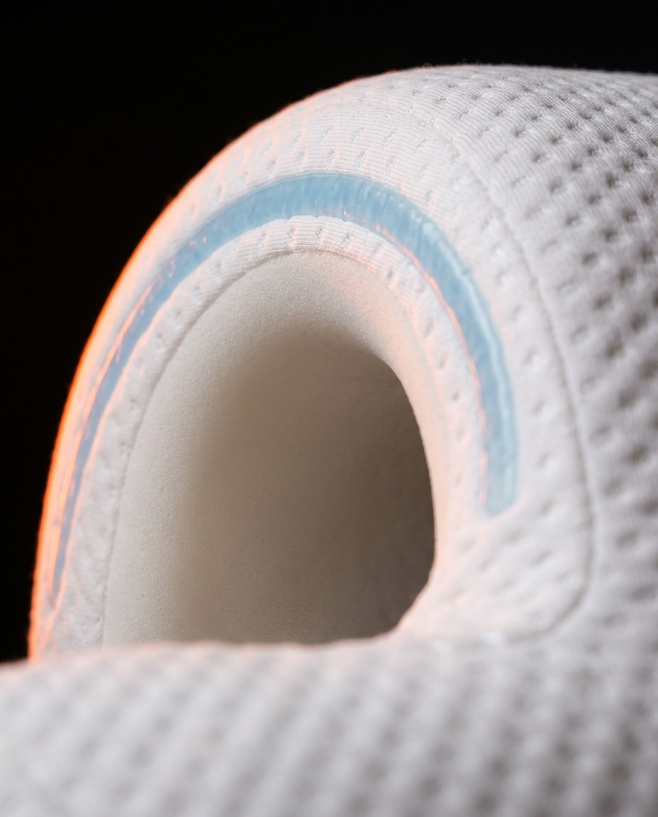 Macro of the cuddle pillow's arched arm tunnel and blue cooling stripe