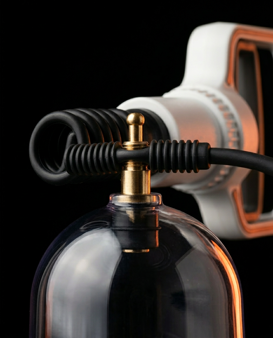 Macro of the brass valve stem and hose connecting to a cupping cup