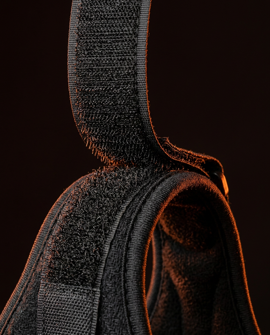 Macro of the black hook-and-loop velcro straps on the foot brace