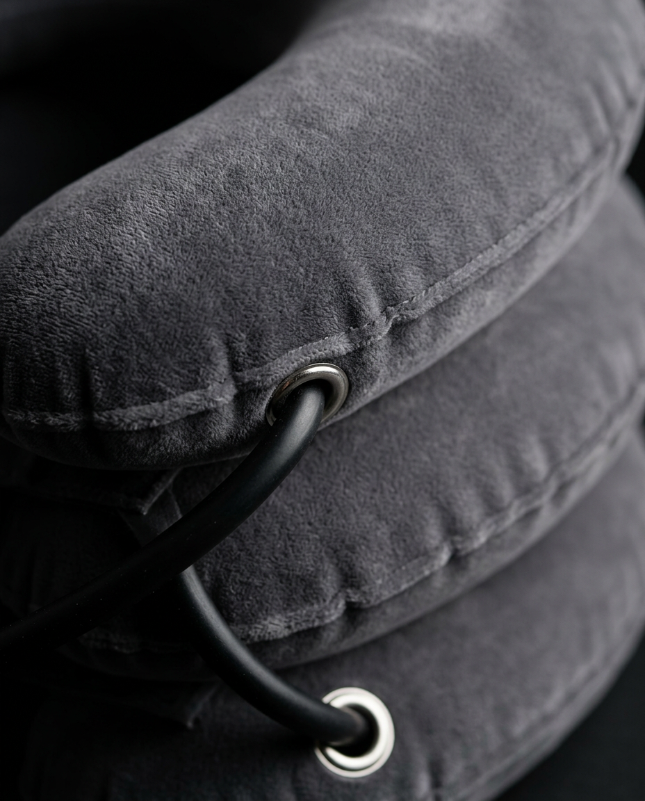 Macro of the soft grey velvet fabric and metal grommet on the collar