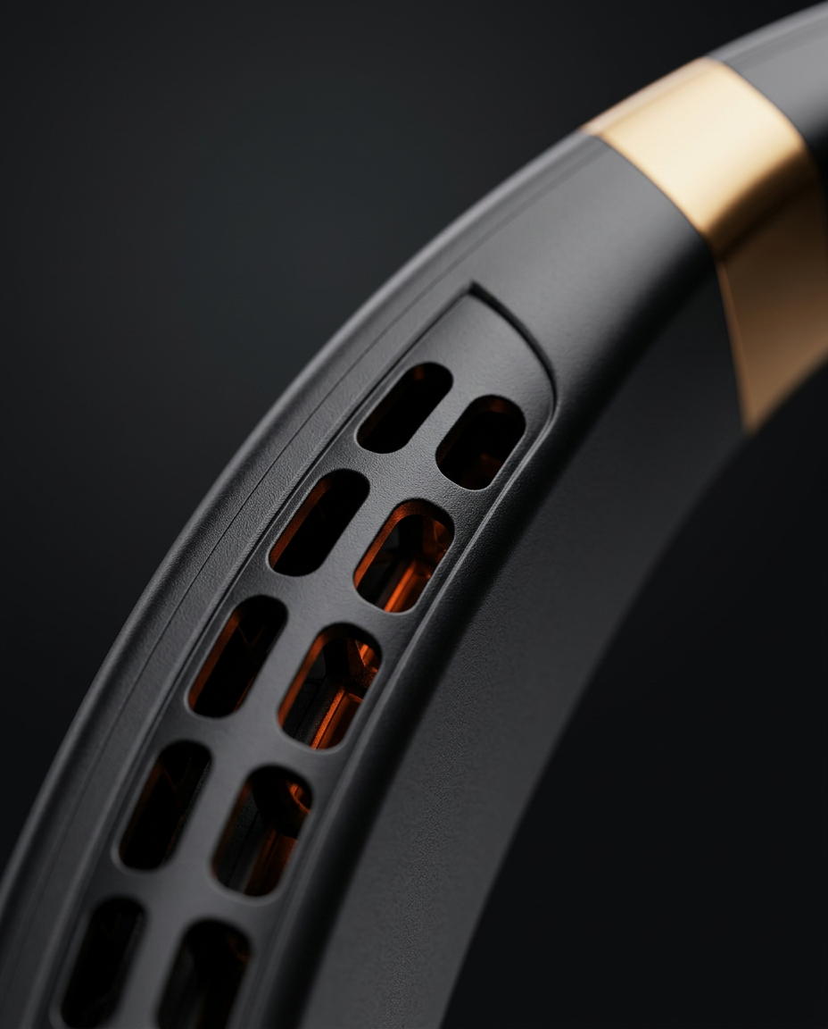 Macro of the air vent slots along the inner edge of the black neck fan