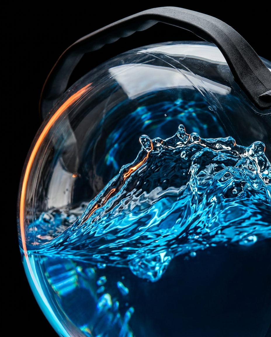 Macro of blue water splashing and shifting inside the clear stability ball