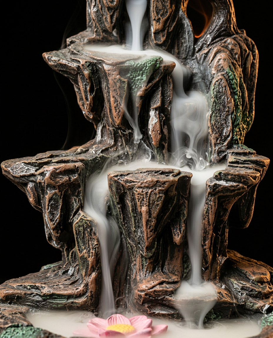 Macro of incense smoke cascading down the holder's tiered waterfall