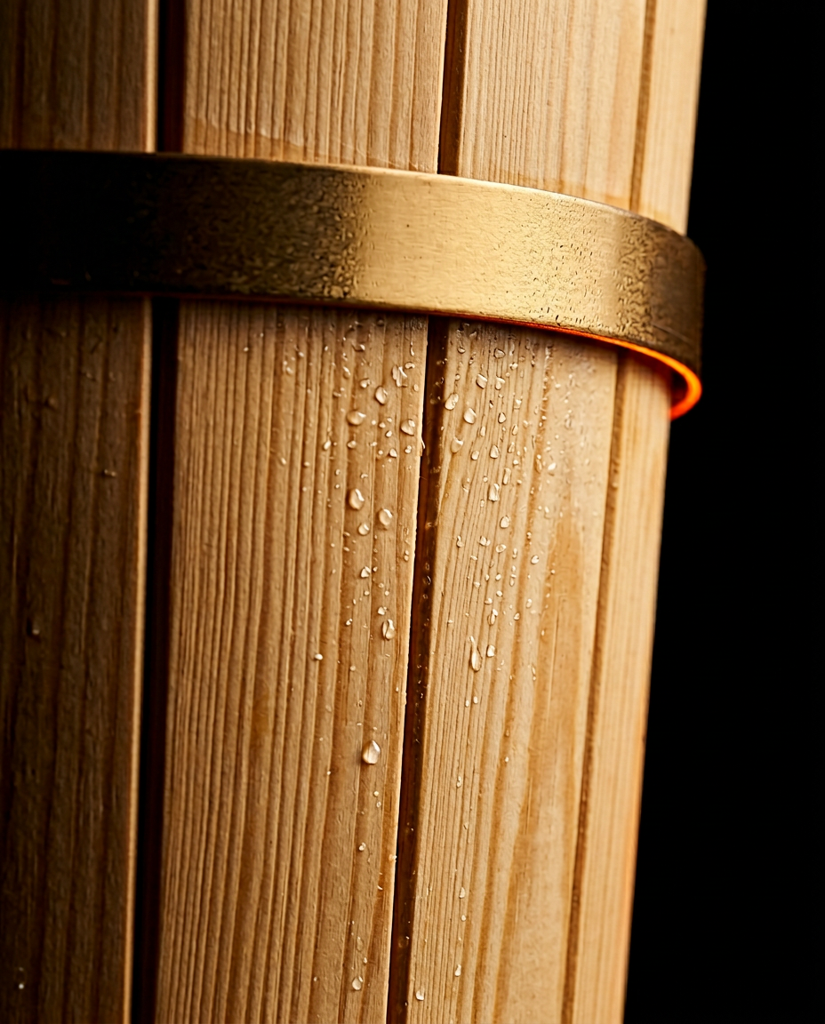 Macro of the bucket's vertical wood grain staves and brass hoop with water droplets