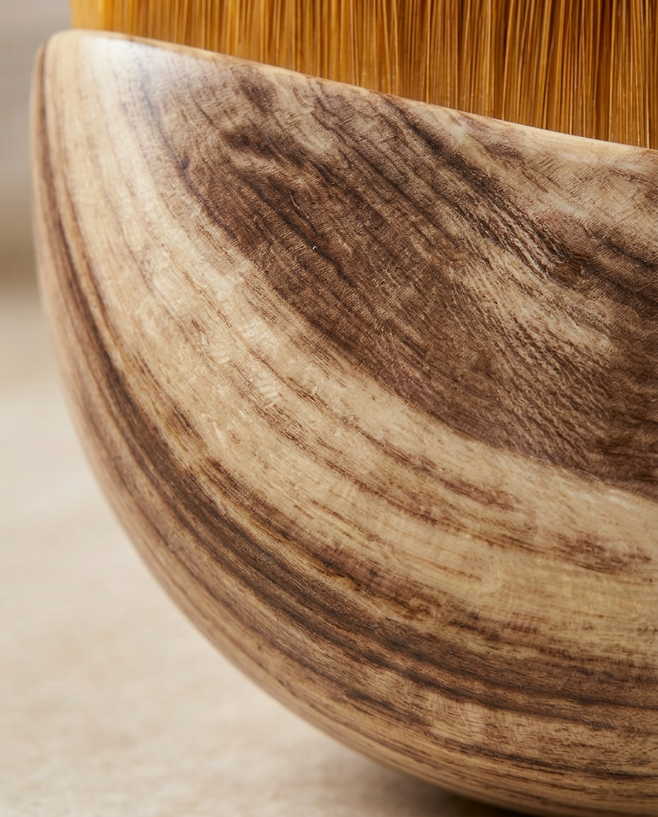 Macro of the natural wood grain on the half-moon facial comb handle