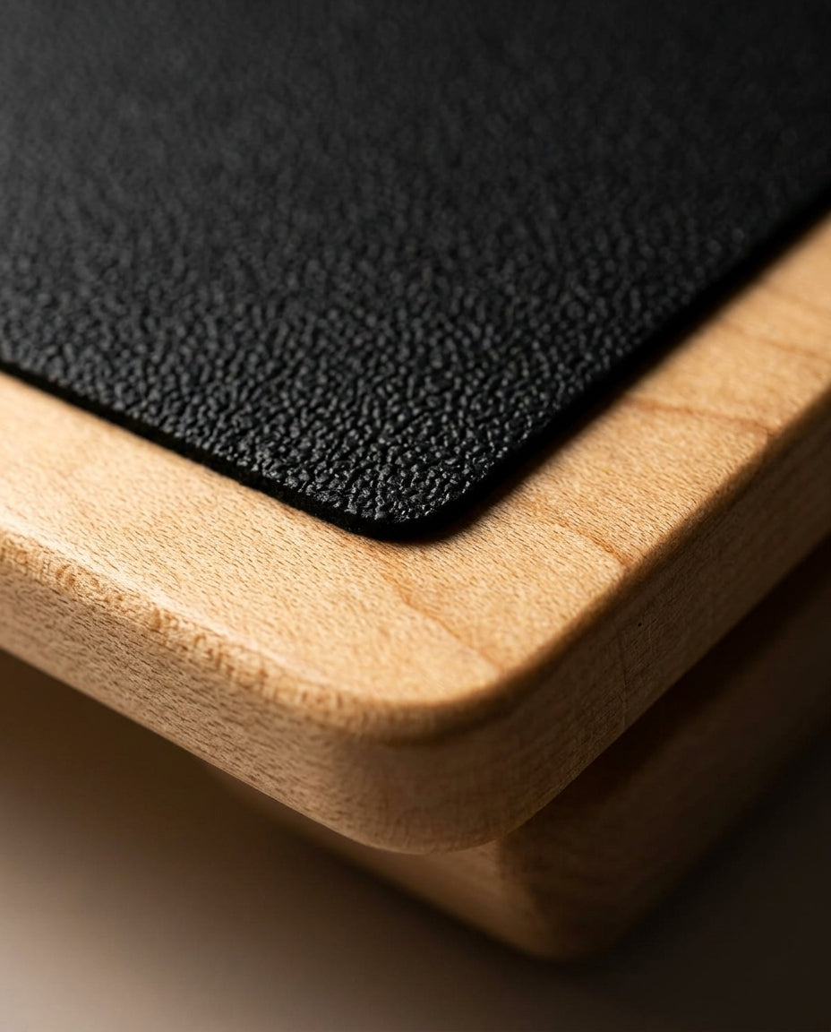Macro of the maple wood grain edge and textured non-slip pad of the balance board