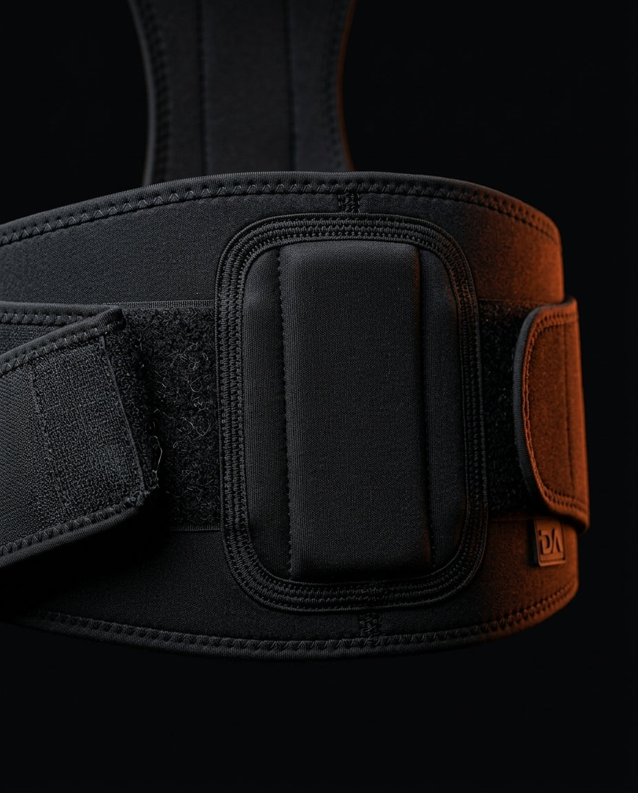 Detail of the lumbar pad and Velcro waistband on the posture brace