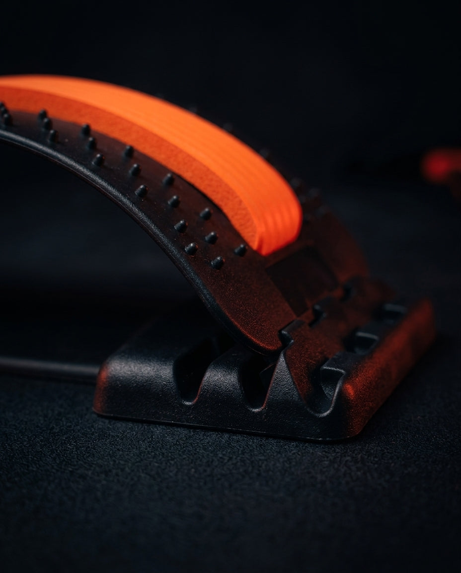 Close-up of the adjustable notched base setting the back stretcher's arch height