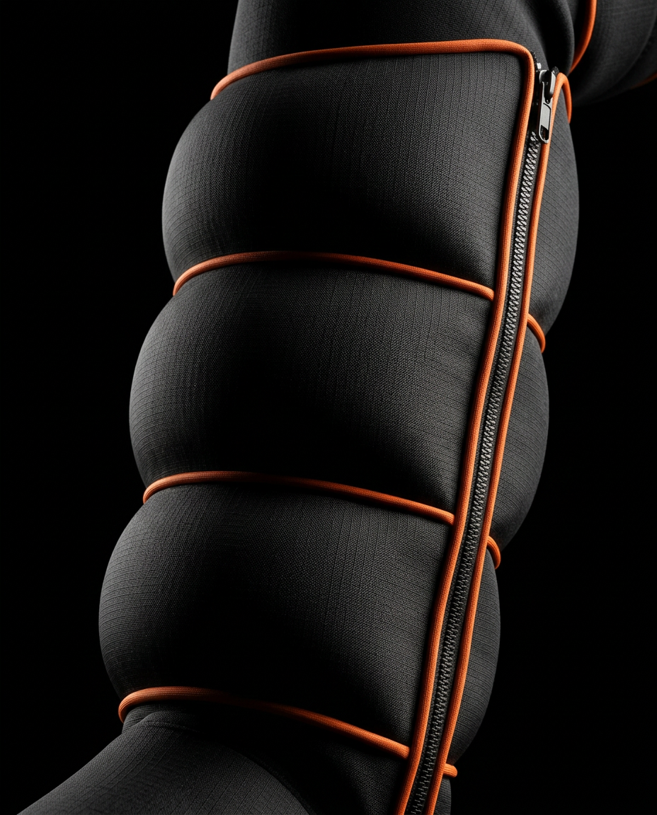 Macro of the inflated air chambers and orange-piped zipper on the leg massager