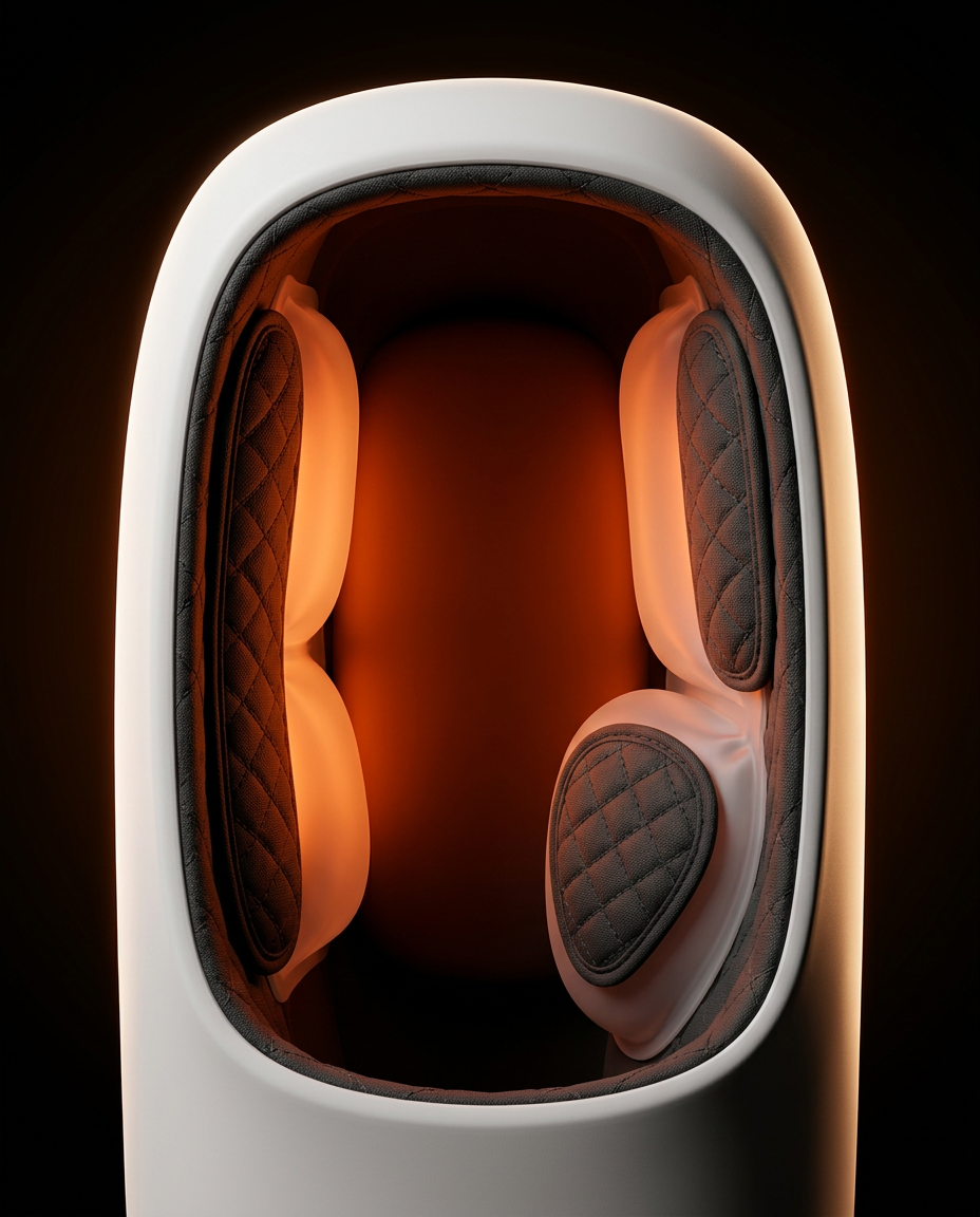 Macro of the heated airbags and quilted compression pads inside the massager