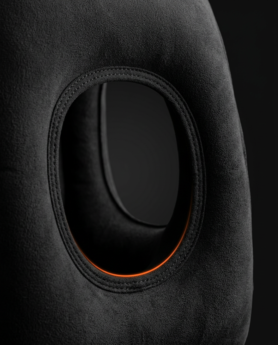 Close-up of the oval arm cutout on the black inflatable travel pillow
