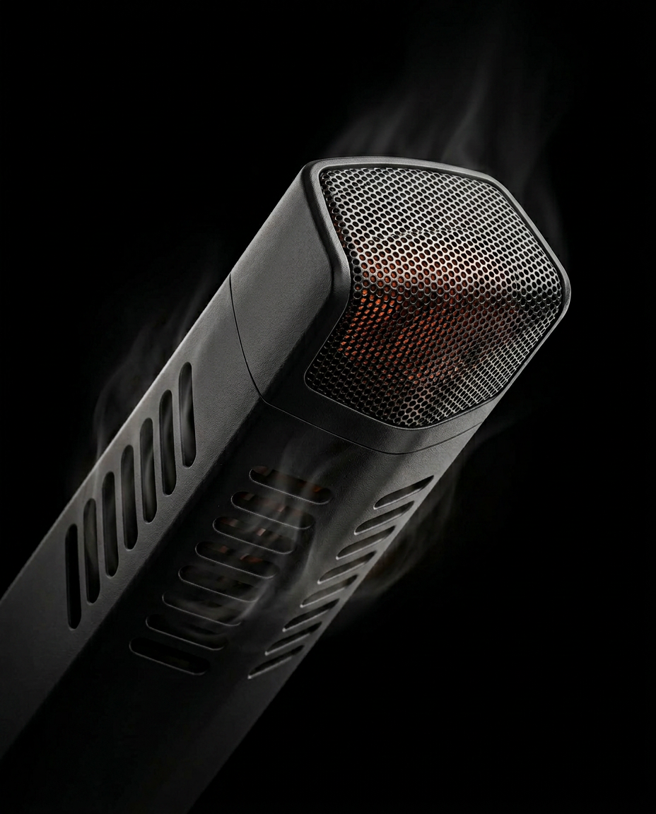 Close-up of a heated drying arm with mesh tip emitting warm air