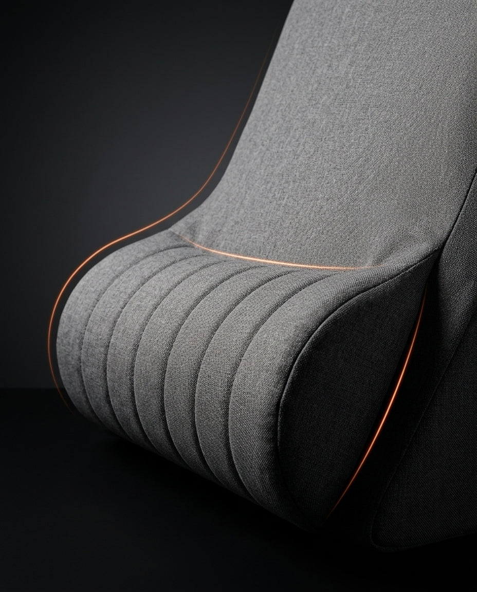 Close-up of the channeled headrest bolster and seat with bright orange edge piping