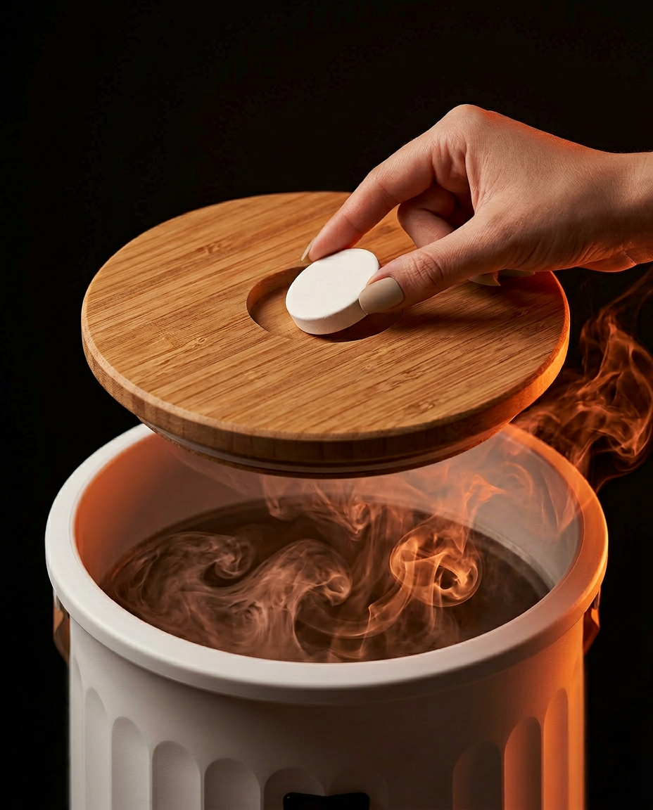 Hand placing an aroma disc on the bamboo lid of the steaming towel warmer