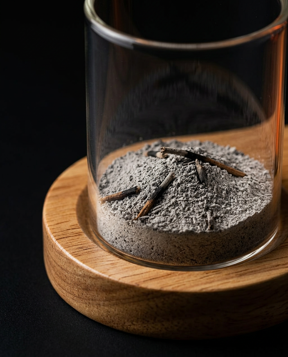 Macro of the glass ash vessel filled with grey incense ash on the wood base