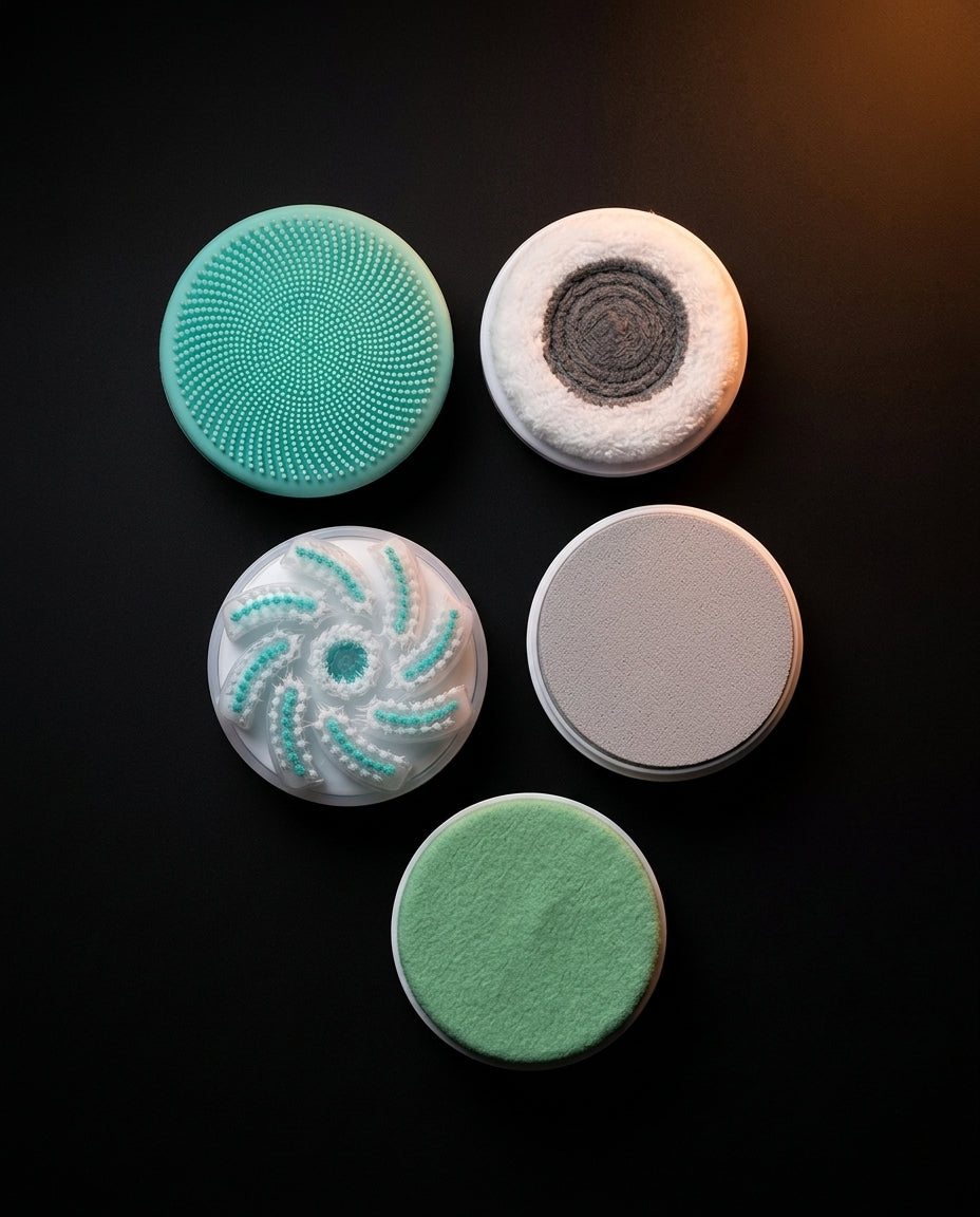 Five interchangeable brush attachments: silicone, exfoliating, pumice and sponge heads