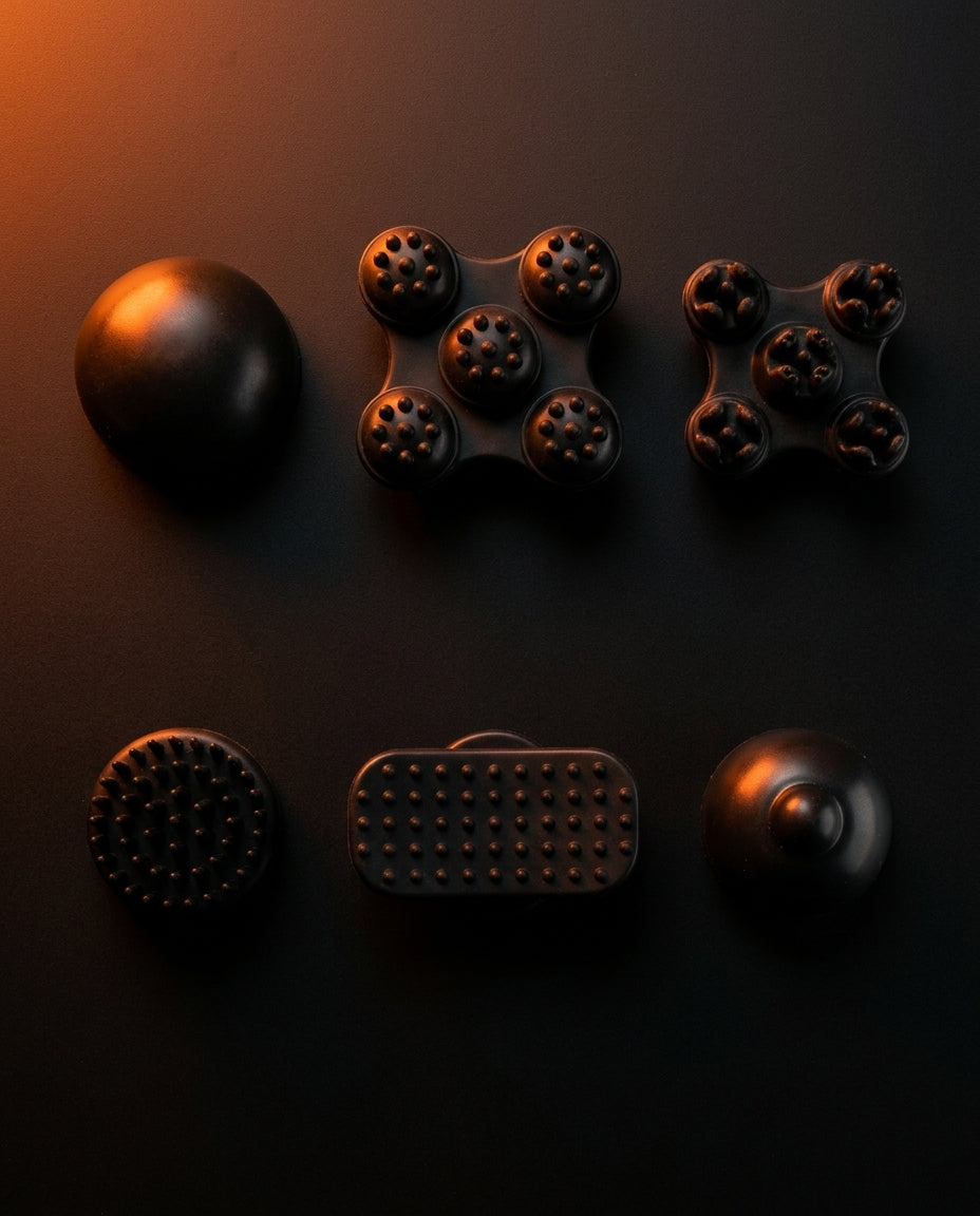 Six black massager attachment heads arranged on a dark surface