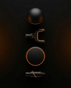 Lineup of the four massage gun attachments: ball, fork, flat and bullet heads