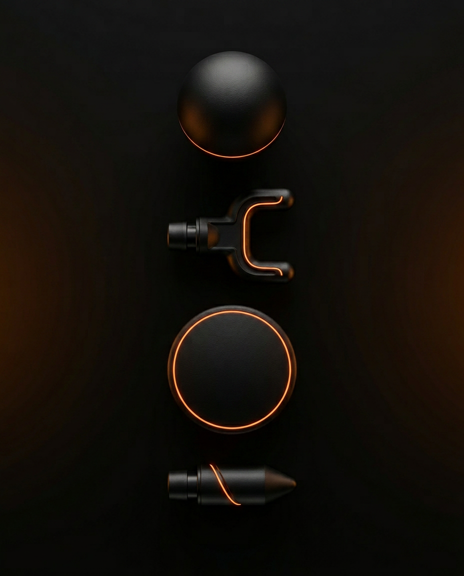 Lineup of the four massage gun attachments: ball, fork, flat and bullet heads