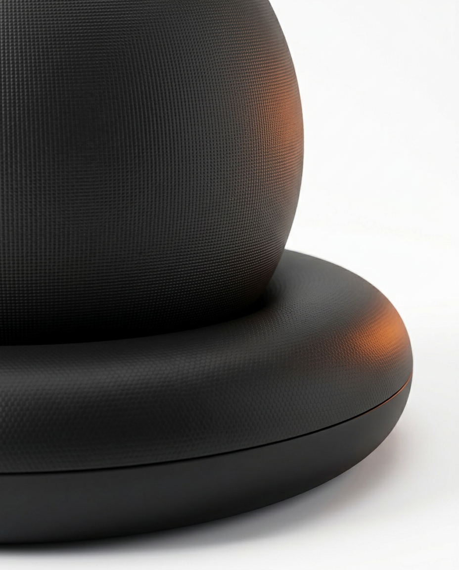 Close-up of the exercise ball nestled inside the dark contoured stability ring