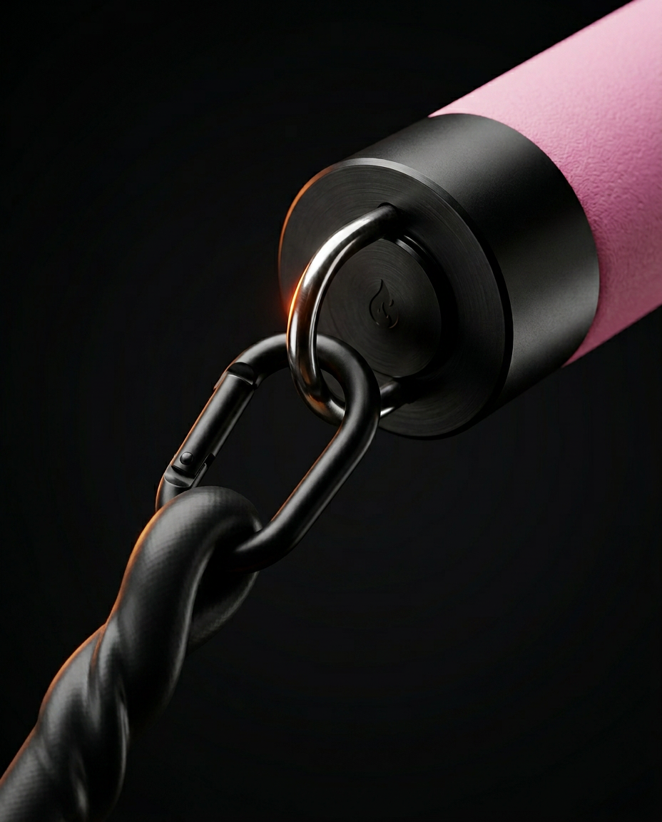 Close-up of pink bar end cap with carabiner clip and resistance band