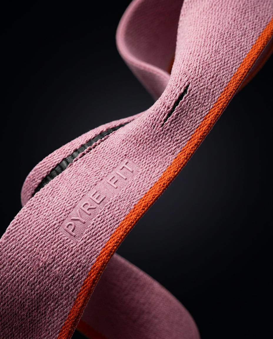 Close-up of the pink resistance band's woven weave with orange edge