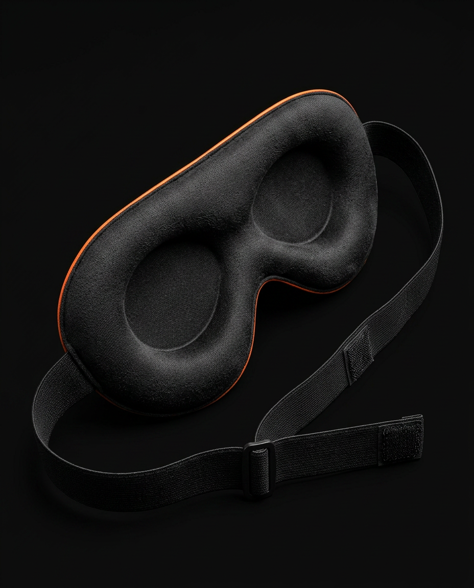 Close-up of the 3D contoured blackout eye mask with orange trim and strap