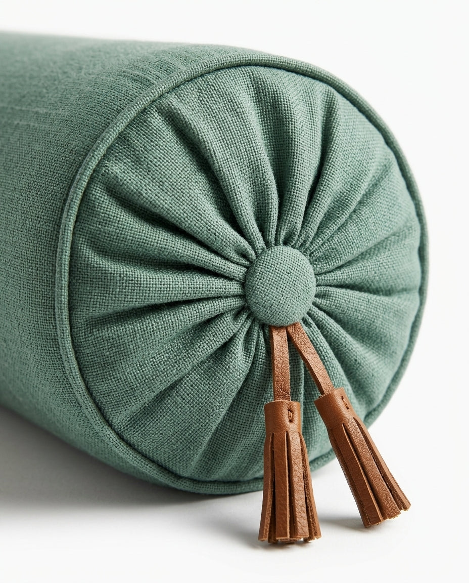 Close-up of the gathered bolster end with covered button and two leather tassels on green linen