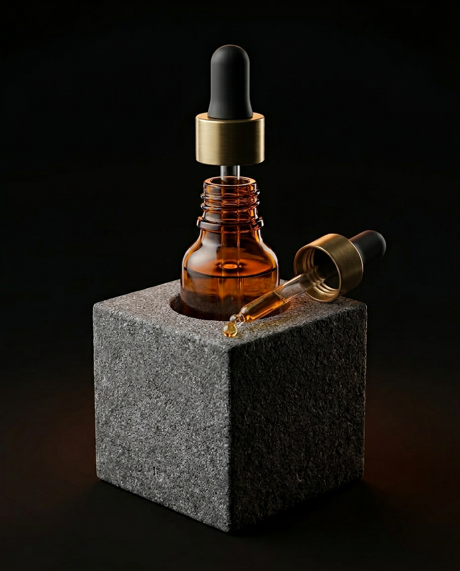Amber dropper bottle seated in the recess of the granite cube holder