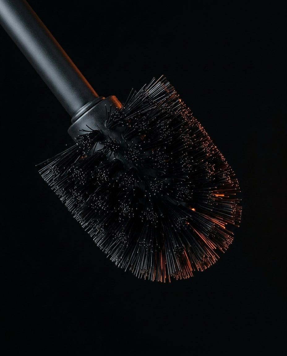Close-up of the dense black bristles on the toilet brush head