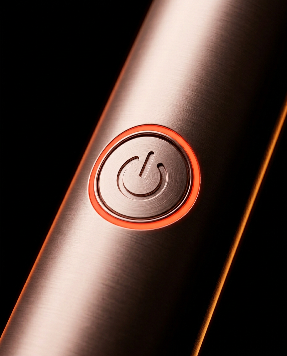 Macro of the power button with red glow ring on the rose gold wand handle