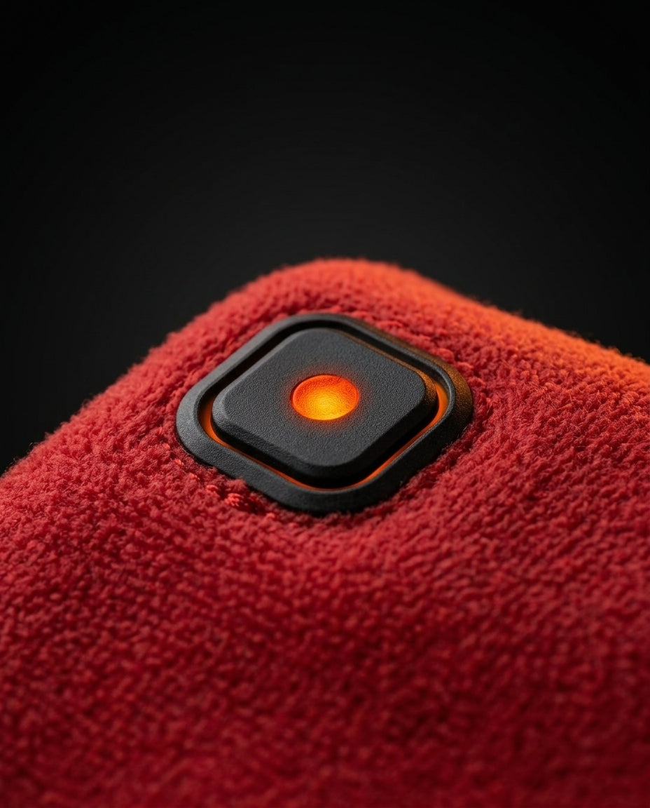 Close-up of the heated scarf's power button glowing orange on red fleece