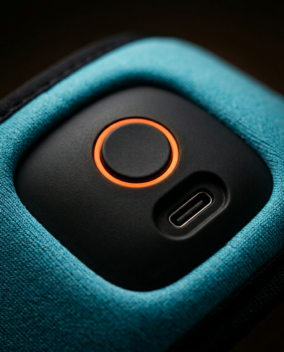 Close-up of the control button with orange ring and USB-C port on the wrap