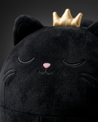 Macro of black cat face with embroidered eyes and gold crown