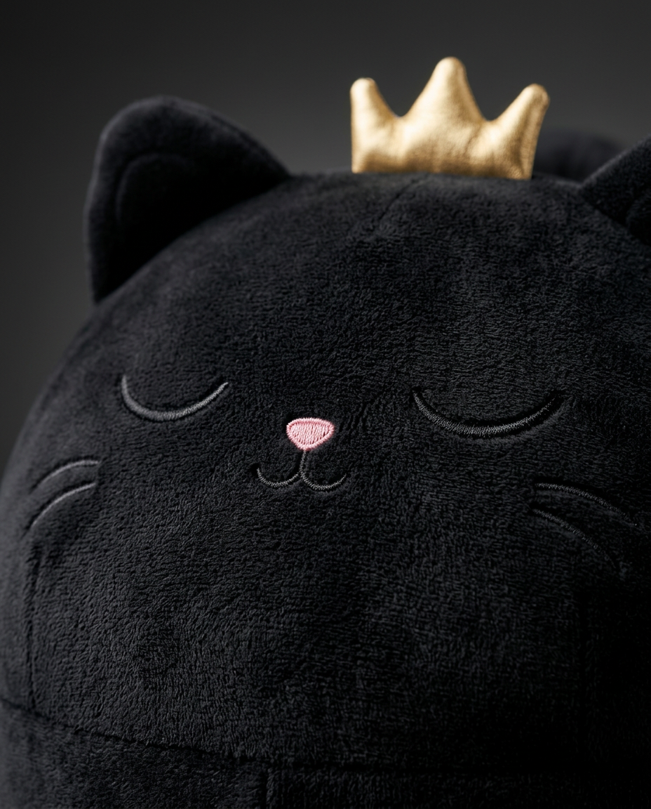 Macro of black cat face with embroidered eyes and gold crown
