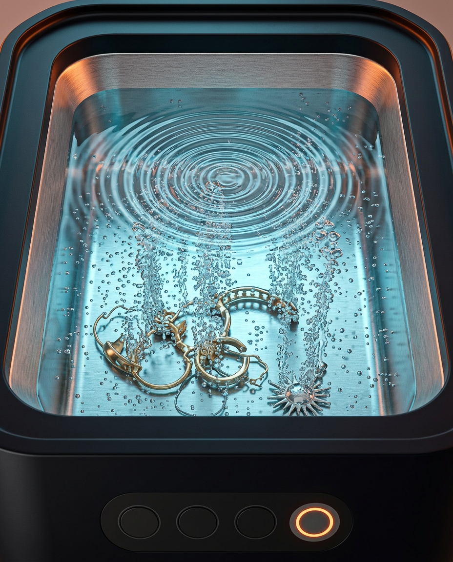 Close-up of cavitation bubbles cleaning jewelry in the lit tank