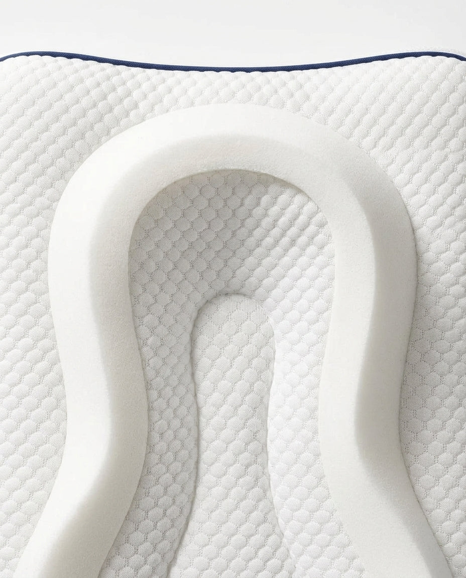 Detail of the sculpted concave head cradle on the baby support pillow